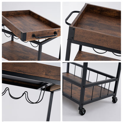 Industrial Kitchen Serving Trolley Bar Cart (Brown) - Vintage Style Rustic Wine Rack & Glass Storage, Tallman Mobile Bar Cart