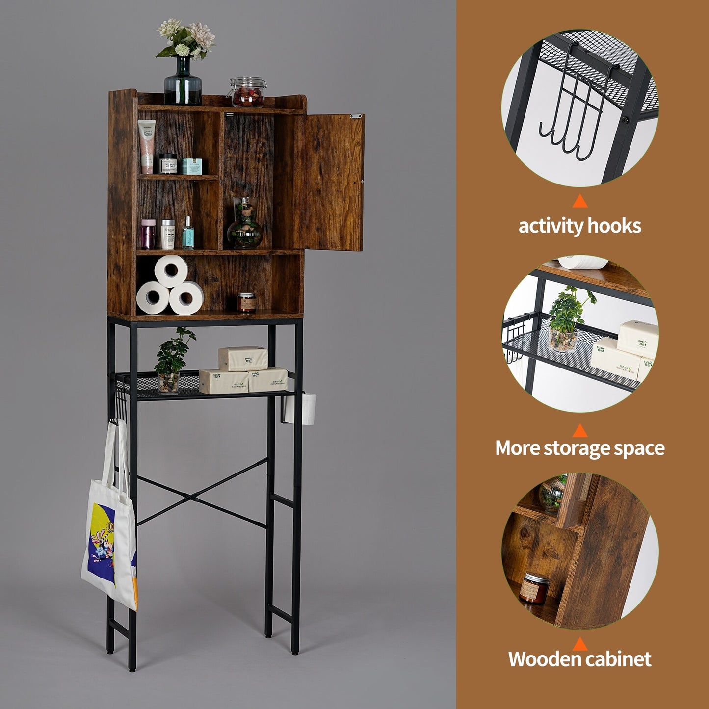 Brown/Black Over The Toilet Storage Bathroom Spacesaver, Freestanding Bathroom Shelf Organizer Toilet Rack (Vintage Style)