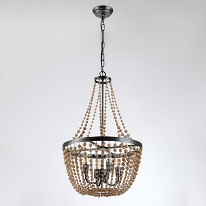 Peaslee 4-Light Regina Scalloped Wood Bead Lantern: Elegant Flush Mount Chandelier for Timeless Home Lighting - Wooden Bead Ceiling Fixture with Regina Scalloped Design