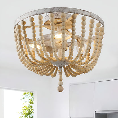 Farmhouse Wood Bead Chandelier - Distressed Cream Metal and Wood Ceiling Light with Classic Elegance