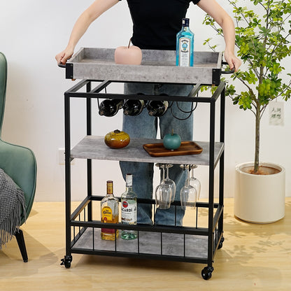 Industrial Kitchen Serving Trolley Cart (Grey) - Vintage Style Rustic Wine Rack & Glass Storage, Tallman Mobile Bar Cart