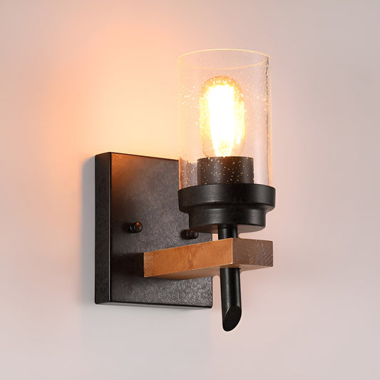Vintage Black Armed Sconce with Seeded Glass - Retro Wood Vintage Industrial Bathroom Rustic Wall Light