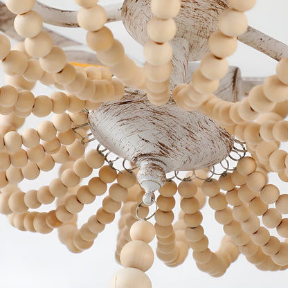 Farmhouse Wood Bead Chandelier - Distressed Cream Metal and Wood Ceiling Light with Classic Elegance