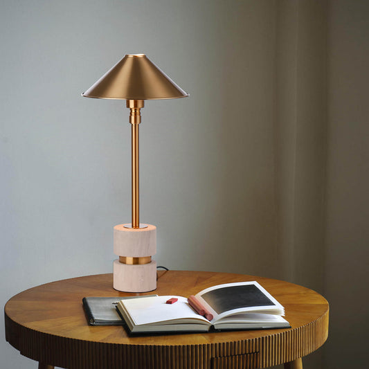 Modern Gold Cone Metal Shade Alabaster Stone Table Lamp - Elegant Desk Light for Contemporary Home Decor