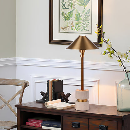 Modern Gold Cone Metal Shade Alabaster Stone Table Lamp - Elegant Desk Light for Contemporary Home Decor