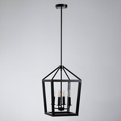 Gurganus 4 - Black Lantern Pendant Light, 4 Lights Farmhouse Chandelier Fixture with Metal Cage, Adjustable Height