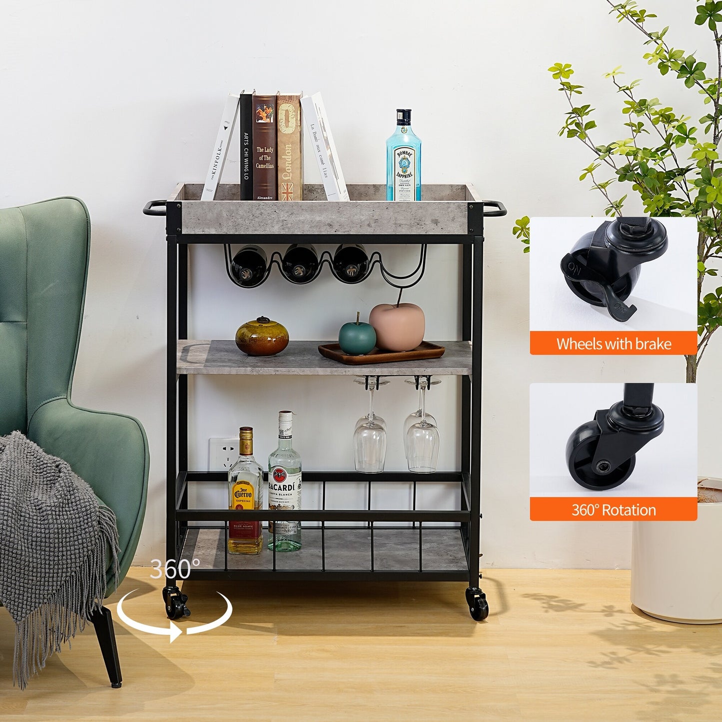 Industrial Kitchen Serving Trolley Cart (Grey) - Vintage Style Rustic Wine Rack & Glass Storage, Tallman Mobile Bar Cart