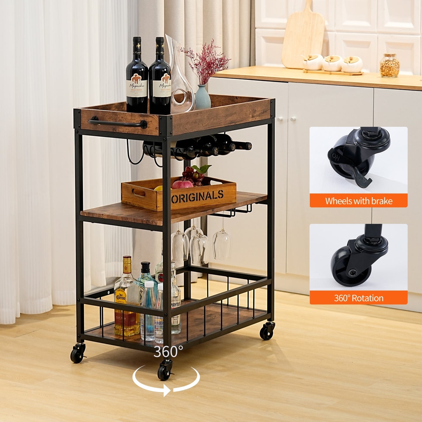 Industrial Kitchen Serving Trolley Bar Cart (Brown) - Vintage Style Rustic Wine Rack & Glass Storage, Tallman Mobile Bar Cart