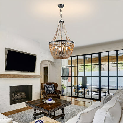 Peaslee 4-Light Regina Scalloped Wood Bead Lantern: Elegant Flush Mount Chandelier for Timeless Home Lighting - Wooden Bead Ceiling Fixture with Regina Scalloped Design