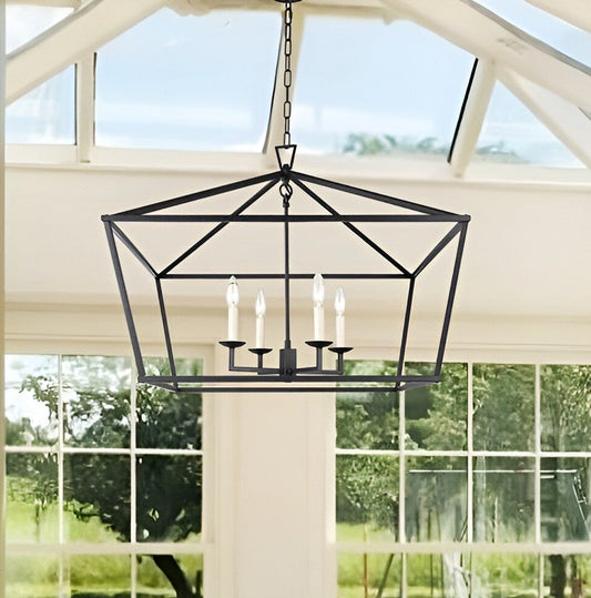 Sedley Rustic Lantern, Dimmable Modern & Geometric Open Frame Chandelier, Aged Iron 28-Inch 4-Light