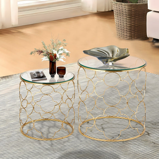 Coffee Table Set of 2 with Glass Top and Metal Wire, Round Side End Table