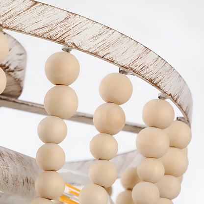 Farmhouse Wood Bead Chandelier - Distressed Cream Metal and Wood Ceiling Light with Classic Elegance