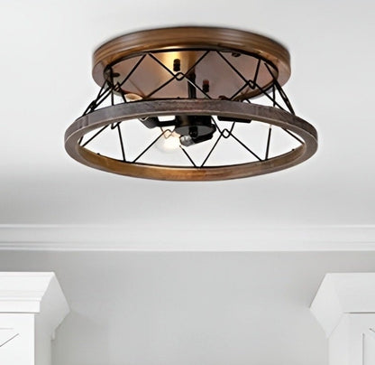 Farmhouse Mesh Basket Chicken Wire Flush Mount Walnut Wood Accent