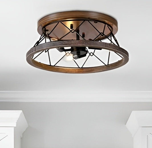 Farmhouse Mesh Basket Chicken Wire Flush Mount Walnut Wood Accent