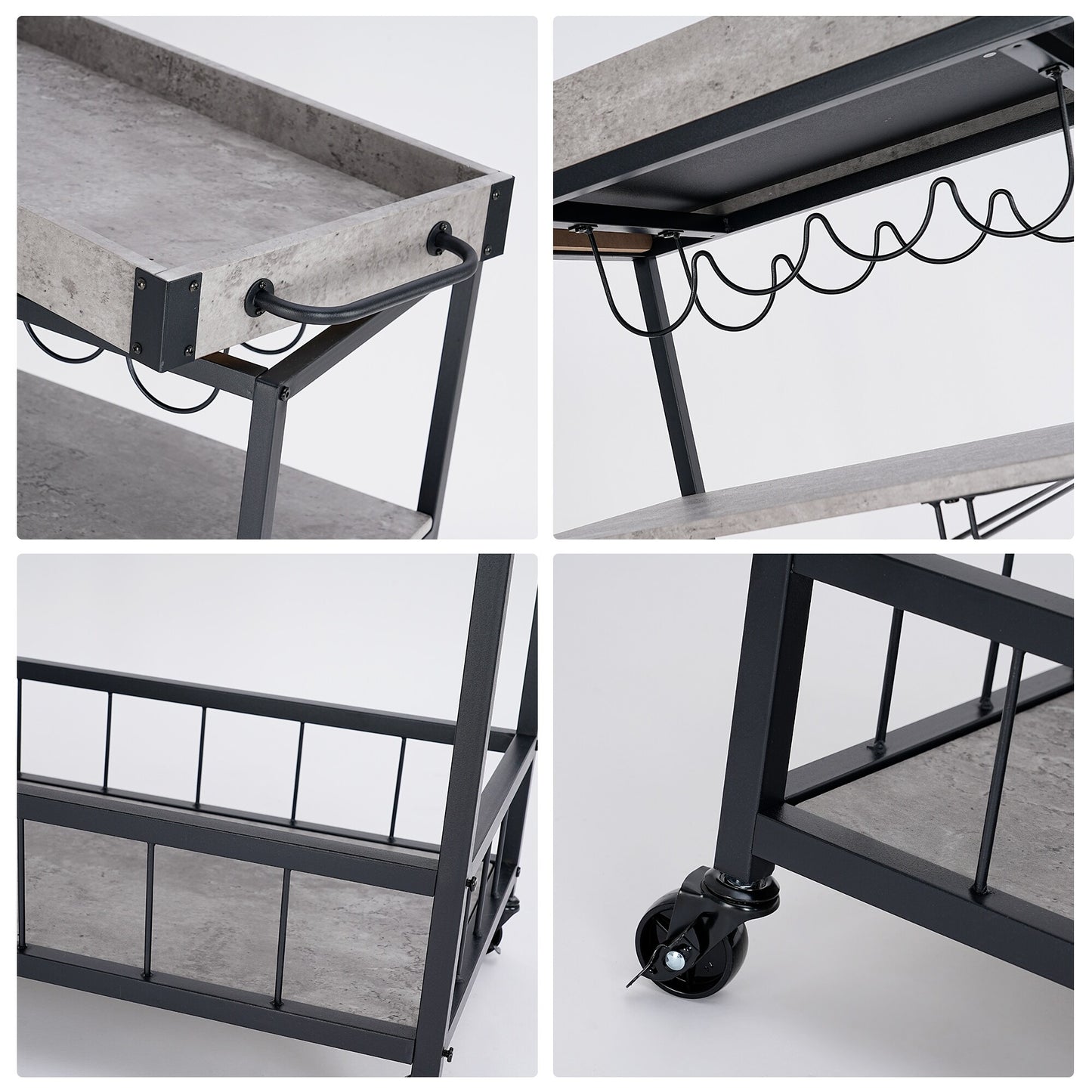 Industrial Kitchen Serving Trolley Cart (Grey) - Vintage Style Rustic Wine Rack & Glass Storage, Tallman Mobile Bar Cart
