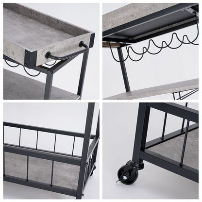 Industrial Kitchen Serving Trolley Cart (Grey) - Vintage Style Rustic Wine Rack & Glass Storage, Tallman Mobile Bar Cart