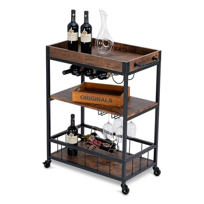 Industrial Kitchen Serving Trolley Bar Cart (Brown) - Vintage Style Rustic Wine Rack & Glass Storage, Tallman Mobile Bar Cart