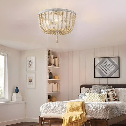 Farmhouse Wood Bead Chandelier - Distressed Cream Metal and Wood Ceiling Light with Classic Elegance