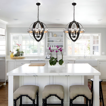 Aspen Wood Modern Chandelier - Iron Globe Pendant Light (4-light)