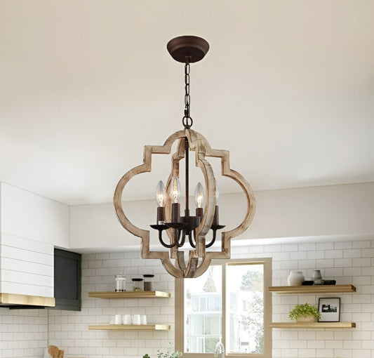 Yerger 4 - Light Oil Bronzed Lantern Pendant, Wood Antique Medieval Style Geometric Chandelier