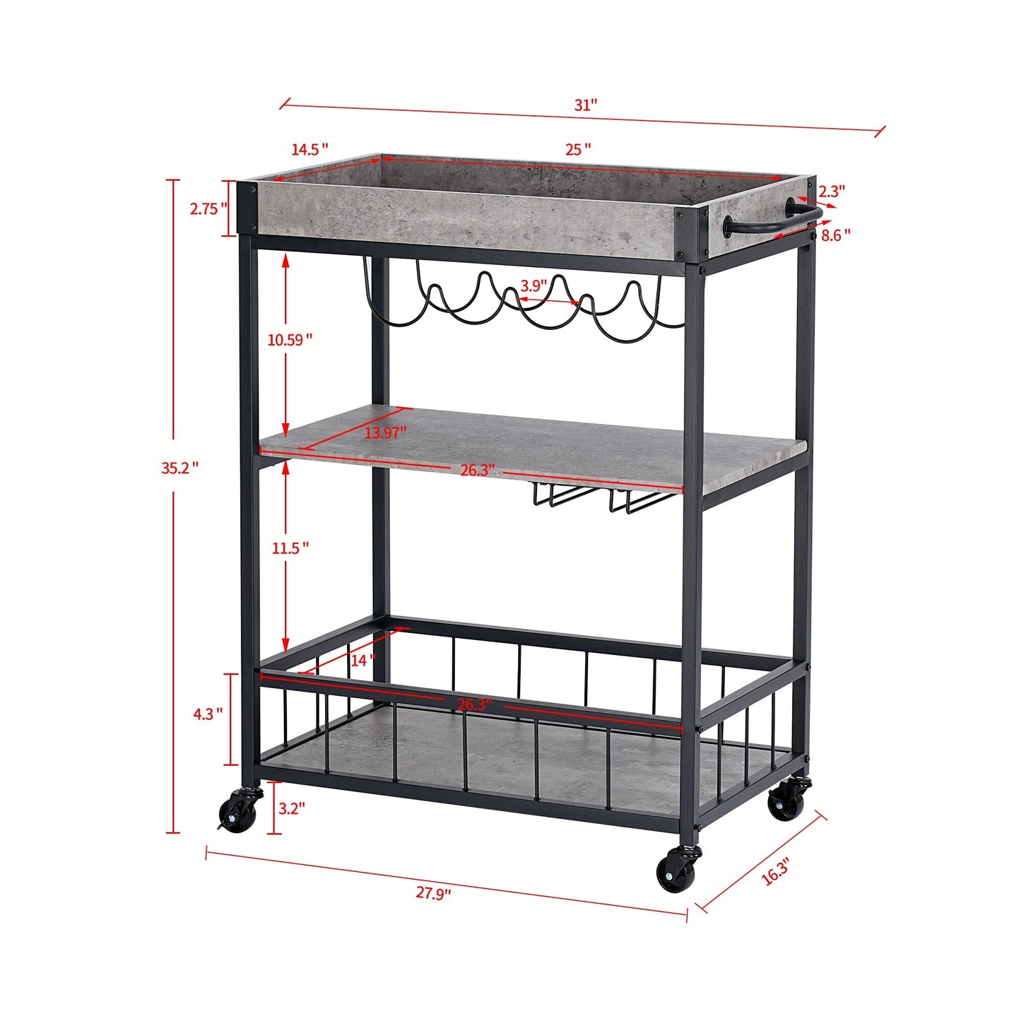 Industrial Kitchen Serving Trolley Cart (Grey) - Vintage Style Rustic Wine Rack & Glass Storage, Tallman Mobile Bar Cart