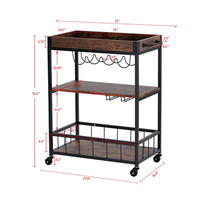 Industrial Kitchen Serving Trolley Bar Cart (Brown) - Vintage Style Rustic Wine Rack & Glass Storage, Tallman Mobile Bar Cart