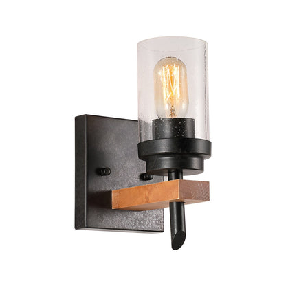 Vintage Black Armed Sconce with Seeded Glass - Retro Wood Vintage Industrial Bathroom Rustic Wall Light
