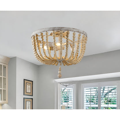 Farmhouse Wood Bead Chandelier - Distressed Cream Metal and Wood Ceiling Light with Classic Elegance