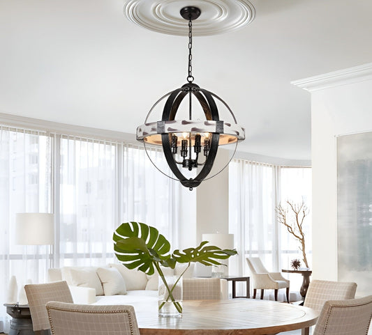 Aspen Wood Modern Chandelier - Iron Globe Pendant Light (4-light)
