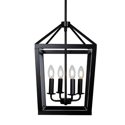 Gurganus 4 - Black Lantern Pendant Light, 4 Lights Farmhouse Chandelier Fixture with Metal Cage, Adjustable Height