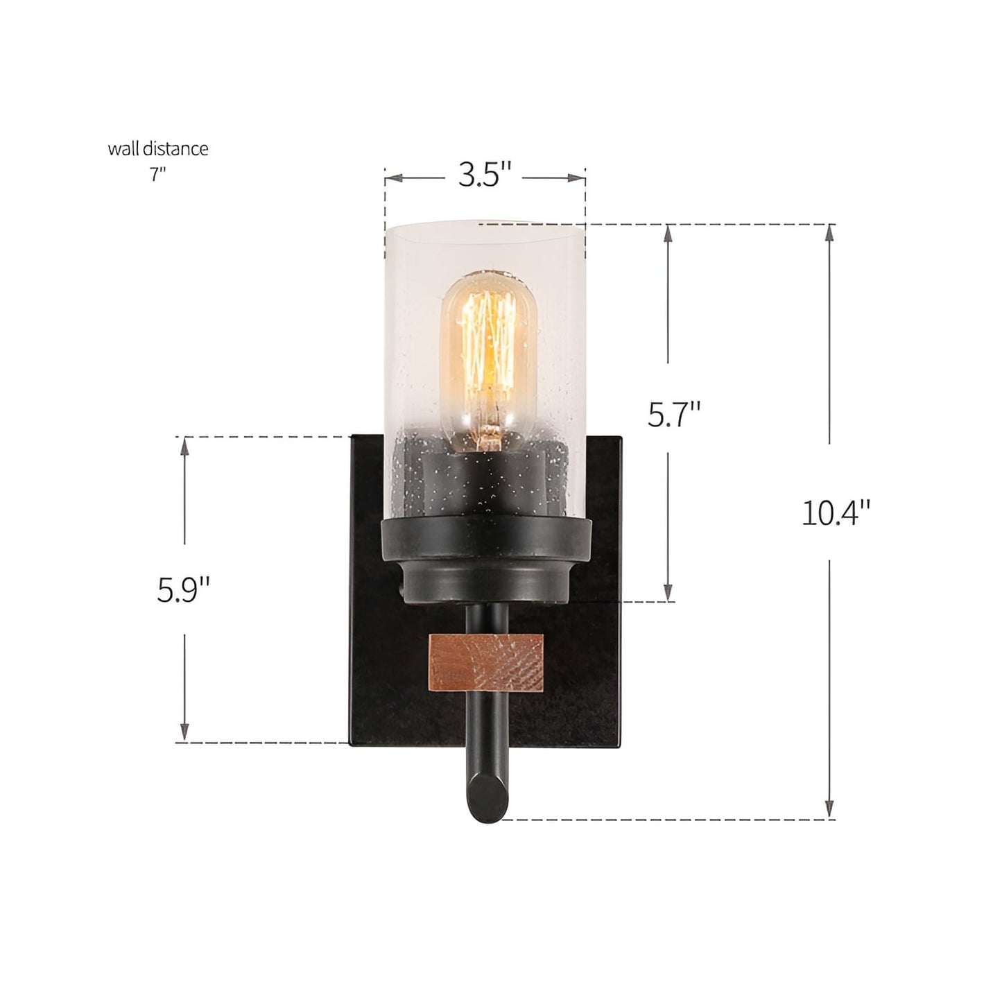 Vintage Black Armed Sconce with Seeded Glass - Retro Wood Vintage Industrial Bathroom Rustic Wall Light