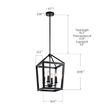 Gurganus 4 - Black Lantern Pendant Light, 4 Lights Farmhouse Chandelier Fixture with Metal Cage, Adjustable Height