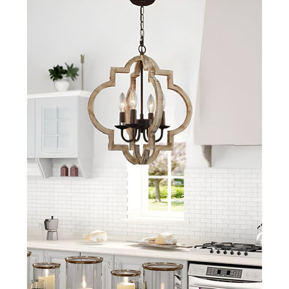 Yerger 4 - Light Oil Bronzed Lantern Pendant, Wood Antique Medieval Style Geometric Chandelier