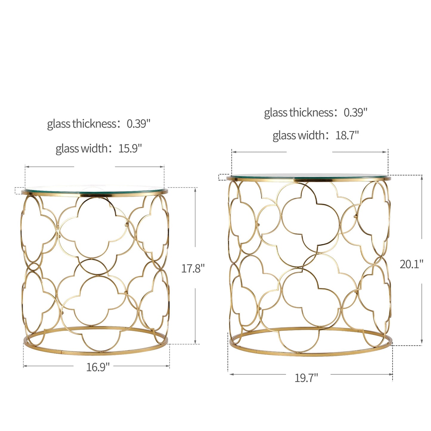 Coffee Table Set of 2 with Glass Top and Metal Wire, Round Side End Table