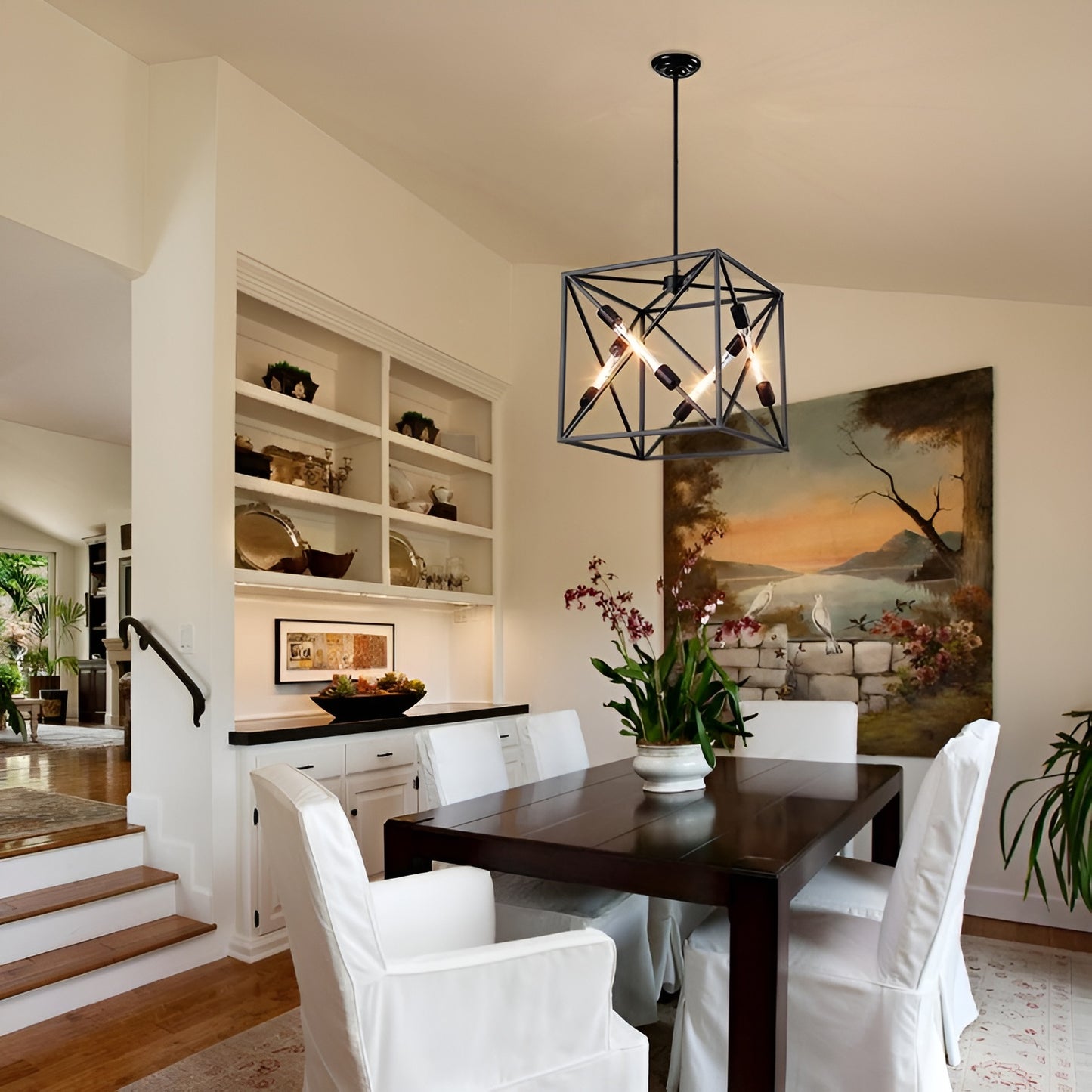 Square Metal Cage Open Frame, Chic and Minimalist Metal Pendant Light