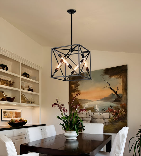 Square Metal Cage Open Frame, Chic and Minimalist Metal Pendant Light