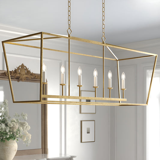Gold Lantern Pendant, Large Cage Style Iron Art Design 6-Lights