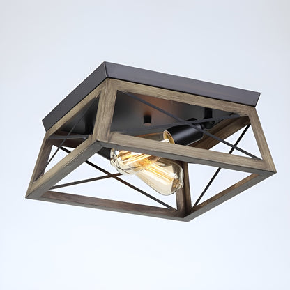 Metal Antique Bronze Flush Mount Light, Wooden Open Frame Design