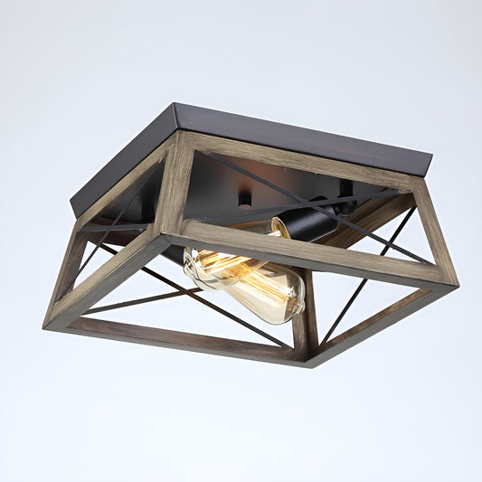 Metal Antique Bronze Flush Mount Light, Wooden Open Frame Design