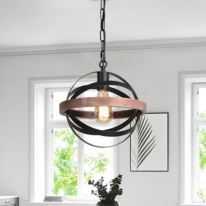 Brown Farmhouse Globe, Mini Hanging Pendant Light - Spherical Wood Style