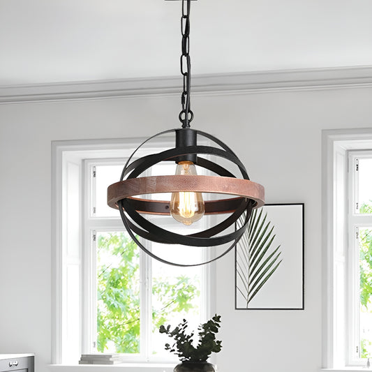 Brown Farmhouse Globe, Mini Hanging Pendant Light - Spherical Wood Style