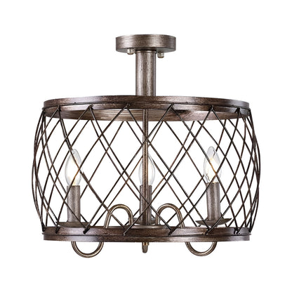 Wine Barrel Metal Mesh Flush Mount, Aged Silver Ceiling Light Chandelier