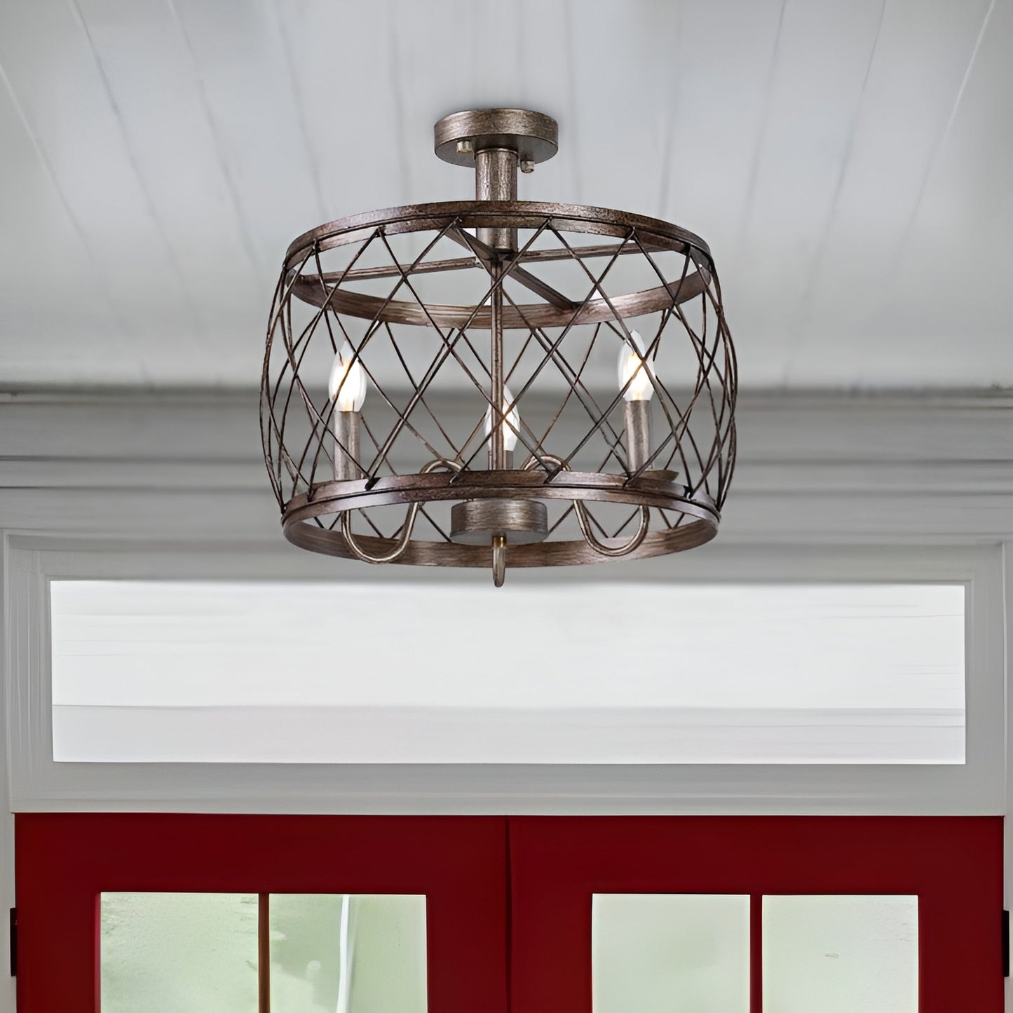 Wine Barrel Metal Mesh Flush Mount, Aged Silver Ceiling Light Chandelier
