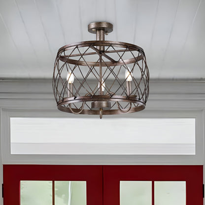 Wine Barrel Metal Mesh Flush Mount, Aged Silver Ceiling Light Chandelier