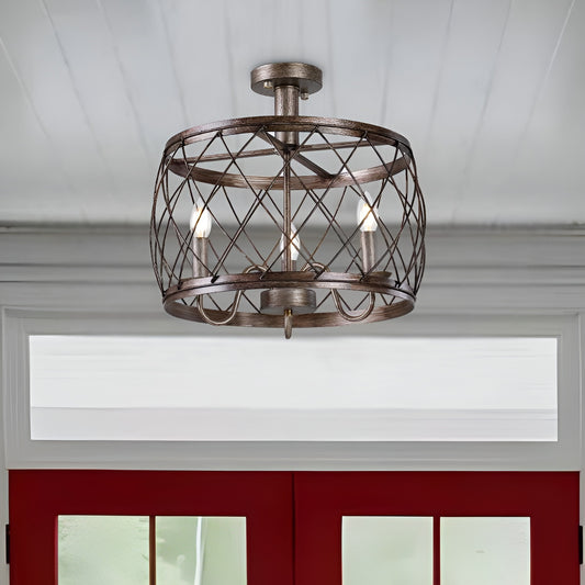 Wine Barrel Metal Mesh Flush Mount, Aged Silver Ceiling Light Chandelier