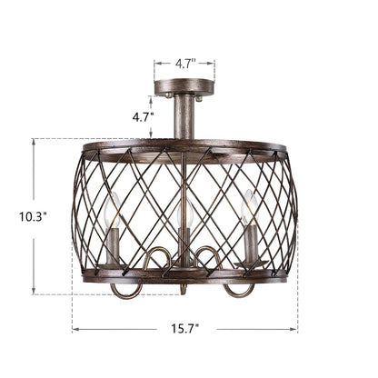 Wine Barrel Metal Mesh Flush Mount, Aged Silver Ceiling Light Chandelier