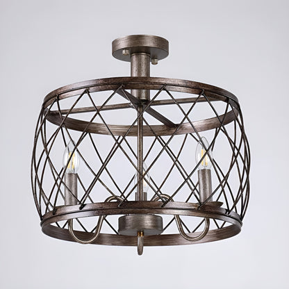 Wine Barrel Metal Mesh Flush Mount, Aged Silver Ceiling Light Chandelier