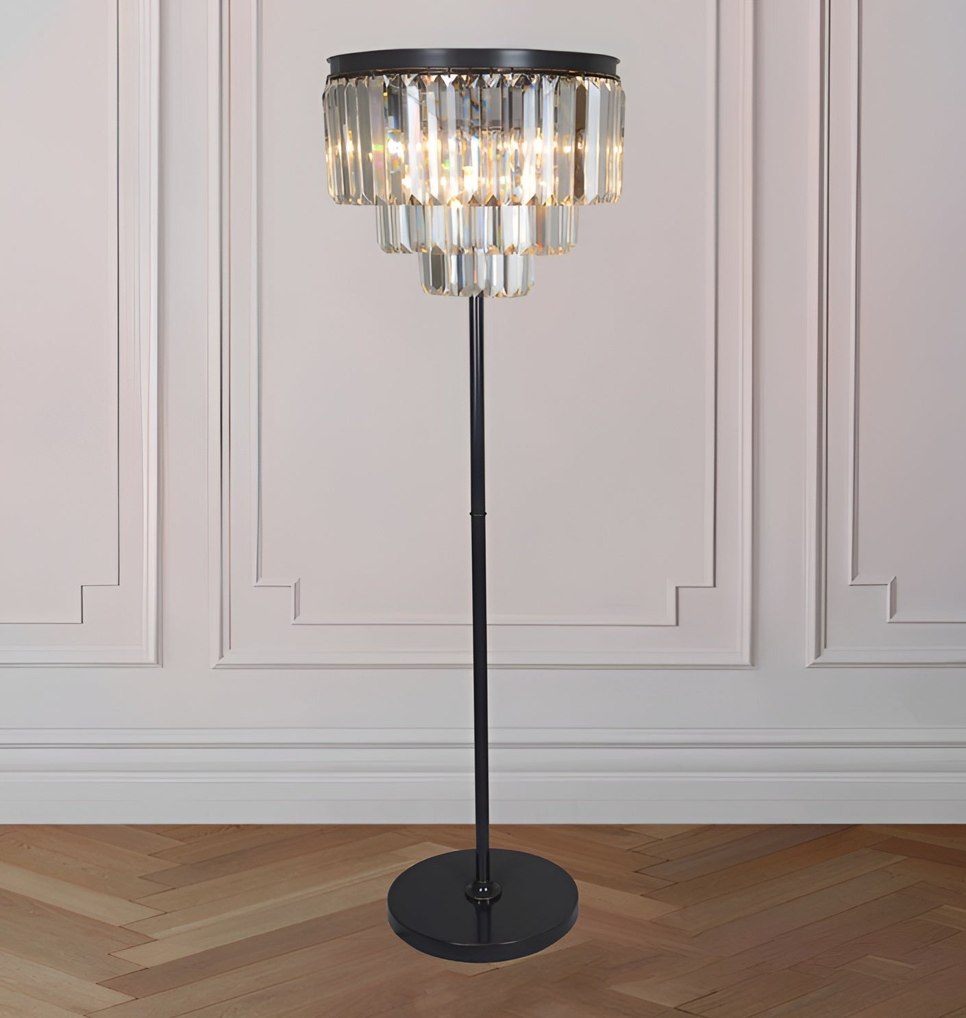 Industrial Crystal Luxury Floor Lamp with a Chandelier Look, Three Tiers Clear Glass