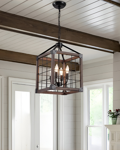 Square/Rectangle Medieval Farmhouse Chandelier with Modern Wood Accents